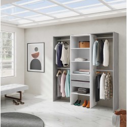 DRISIA - Armoire dressing avec étagères et 4 penderies gris et blanc