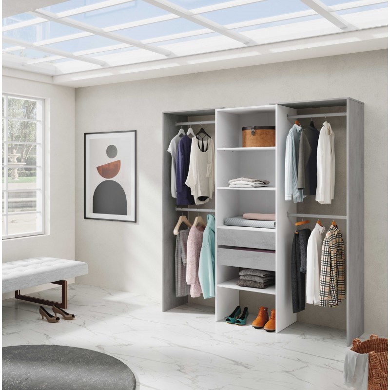 DRISIA - Armoire dressing avec étagères et 4 penderies gris et blanc