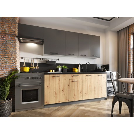 Cuisine complète TURAN 240 cm style industriel loft melange bois, noir et gris foncé