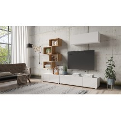 CALABRI - Meuble TV mural avec 4 niches et 1 meuble suspendu style scandinave blanc et bois