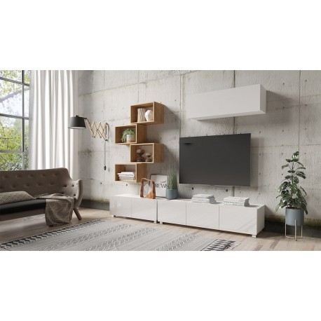CALABRI - Meuble TV mural avec 4 niches et 1 meuble suspendu style scandinave blanc et bois