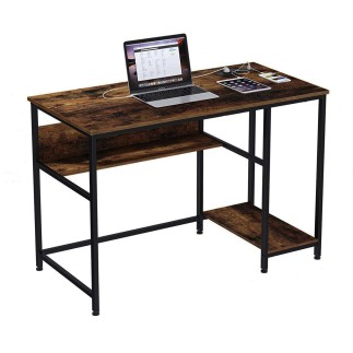INDUSA - Bureau gaming avec étagère. Cadre en métal, style industriel, Marron Rustique vintage et Noir