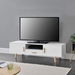 STINIA - Meuble TV 120 cm blanc 2 portes 1 tiroir scandinave pieds bois