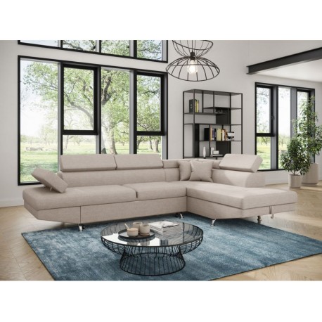 Canapé d'angle convertible RIO en tissu avec têtières et pieds chrome