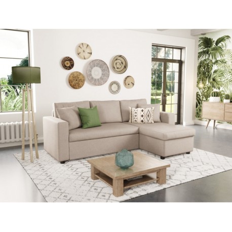 petit Canapé d'angle convertible MARIUS en tissu beige, gris ou noir 4 places avec coffres de rangement