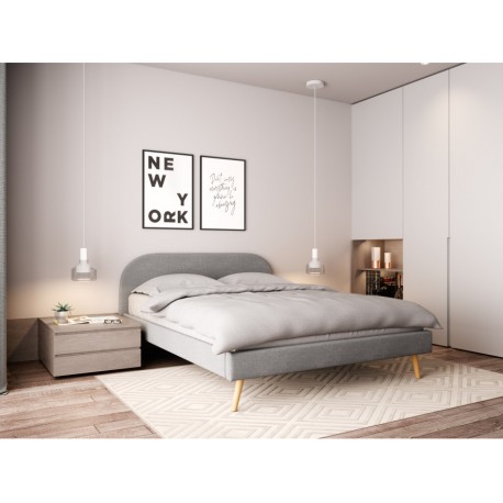 ILLIUS - Lit scandinave en tissu gris et pieds bois 140 x 190 cm