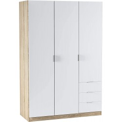 Armoire à trois portes et trois tiroirs, en chêne canadien et en blanc, 121 cm (L) x 180 cm (H) x 52 cm (P)