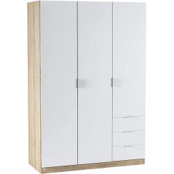 Armoire à trois portes et trois tiroirs, en chêne canadien et en blanc style scandinave nordique, 121 cm (L) x 180 cm (H) x 52 c