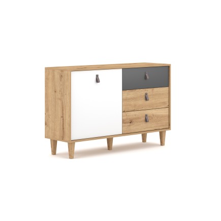 Commode basse BOLANIA 120 cm 1 porte 3 tiroirs style naturel