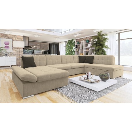 Canapé panoramique convertible GENIRO en tissu beige avec coffre et lit