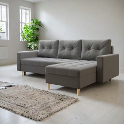 Canapé d'angle convertible NOLI style scandinave tissu gris pied bois