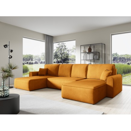 Canapé d'angle panoramique convertible LORIO en tissu aspect velours