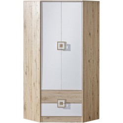 Armoire d'angle Nicol NA02, 4 étagères, tringle à penderie et 2 tiroirs