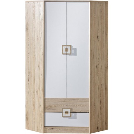 Armoire d'angle Nicol NA02, 4 étagères, tringle à penderie et 2 tiroirs bois et blanc