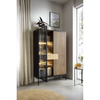 Vitrine Sento haute 104 cm 2 portes 1 tiroir style industriel avec LED