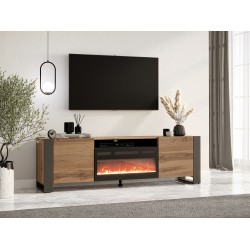 WODD Meuble TV Bas en chêne Anthracite avec cheminée chauffante électrique. Style Industriel