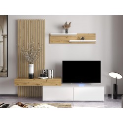 Ensemble meuble TV SIWETO style scandinave bois et blanc avec panneau arrière bois