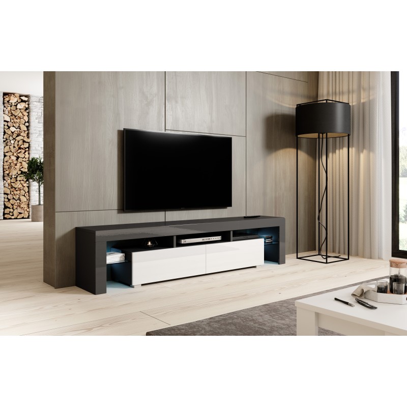 Meuble TV TORI 200 cm noir ou gris et blanc brillant avec led Meuble TV TORI 200 cm noir ou gris et blanc brillant avec led