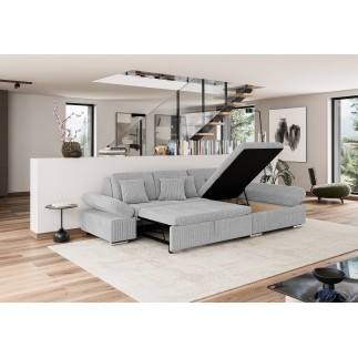 Canapé d'angle convertible + accoudoirs réglables et coffre ALRI - MALWI - Tissu gris beige et simili blanc ou noir