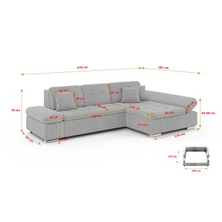 Canapé d'angle convertible + accoudoirs réglables et coffre ALRI - MALWI - Tissu gris beige et simili blanc ou noir