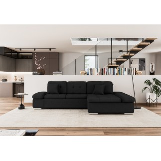 Canapé d'angle convertible + accoudoirs réglables et coffre ALRI - MALWI - Tissu gris beige et simili blanc ou noir