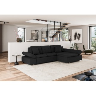 Canapé d'angle convertible + accoudoirs réglables et coffre ALRI - MALWI - Tissu gris beige et simili blanc ou noir