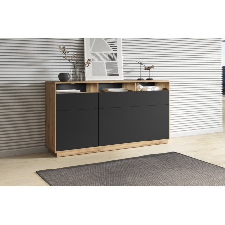 Buffet bas 3 portes / 3 tiroirs – Aston couleur noir et chêne
