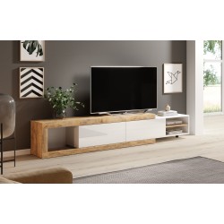 Meuble TV Sintria moderne ajustable de 200 à 242 cm bois et blanc