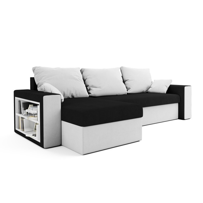 Canapé d’angle convertible JORKIA – avec étagère intégrée Canapé d’angle convertible JORKIA – avec étagère intégrée