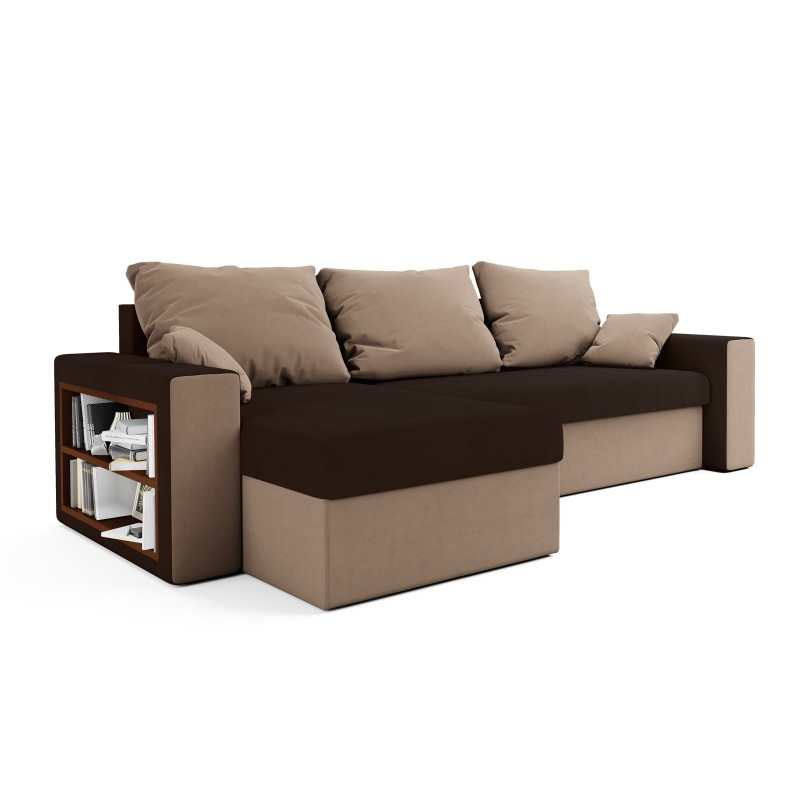 Canapé d’angle convertible JORKIA – avec étagère intégrée Canapé d’angle convertible JORKIA – avec étagère intégrée