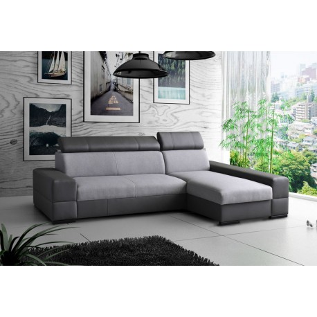 Canapé d'angle convertible CAPRI 4 places gris et noir têtières repose tête