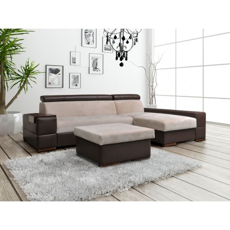 Canapé d'angle convertible CAPRI + pouf avec coffre beige et marron