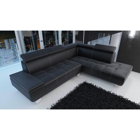 Canapé d'angle moderne DAYLON simili cuir noir coutures blanches tendance maison d'architecte