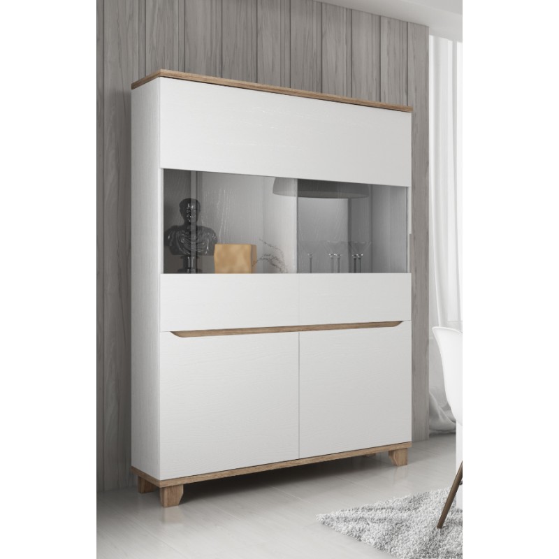 Vitrine 2 portes LIER style scandinave en blanc et bois