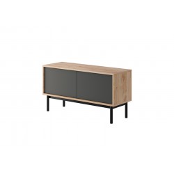 Meuble télé industriel 104 cm pieds en métal noir porte gris foncé ouverture push