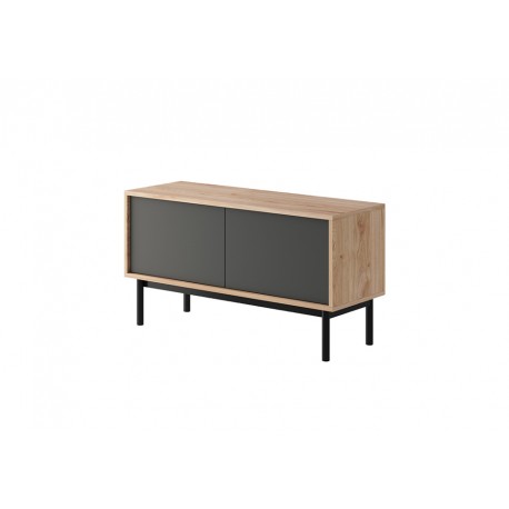 Meuble télé industriel 104 cm pieds en métal noir porte gris foncé ouverture push
