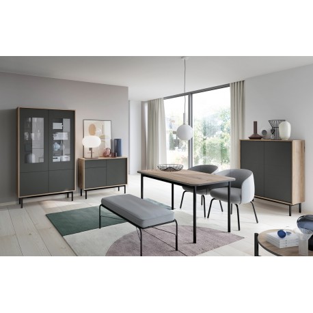 Salle à manger complète industrielle BASI bois et gris avec pied métal pas cher