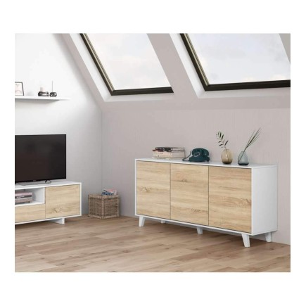 ZAIKI - Buffet contemporain blanc et decor chene style scandinave - L 154 cm