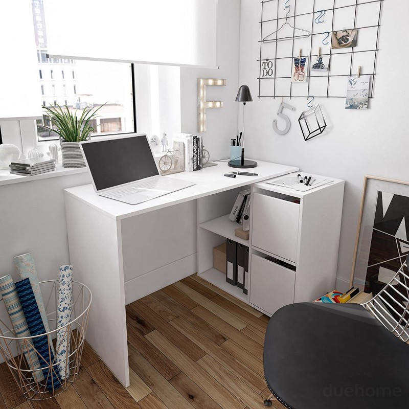 Bureau modulable en angle ou droit de couleur blanc et avec rangement