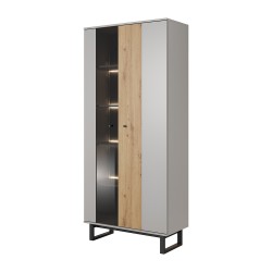 Vitrine Haute industrielle AVIRO gris bois et pieds en métal noir effet loft