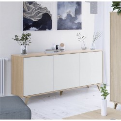 ZAIKA - Buffet - Commode scandinave 3 Portes L154 cm - Blanc/chêne avec Pieds