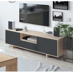 ANIO - Meuble TV 3 portes gris et chêne style industriel 150 cm