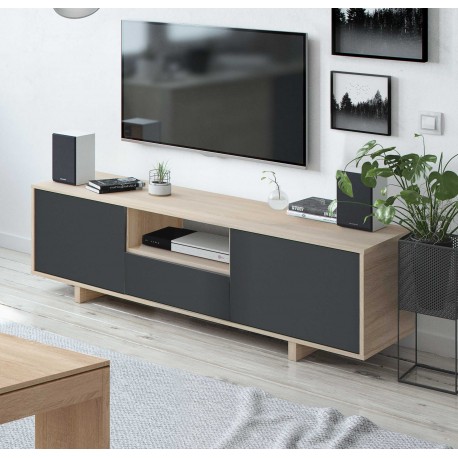 ANIO - Meuble TV 3 portes gris et chêne style industriel 150 cm