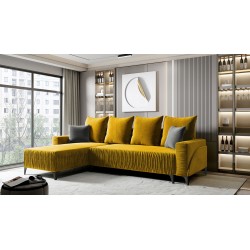 Canapé d'angle convertible CARINI tissu moutarde ou gris avec pli
