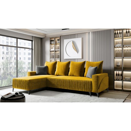 Canapé d'angle convertible CARINI tissu moutarde ou gris avec pli