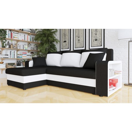 Canapé d'angle convertible FINO avec étagère et 2 coffres de rangement noir et blanc